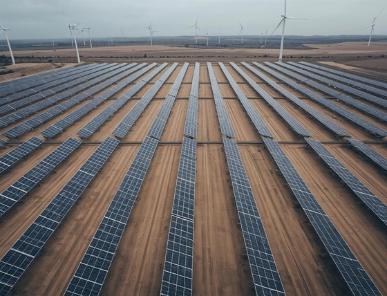 Aerial view of a solar panel farm with wind turbines on the horizon